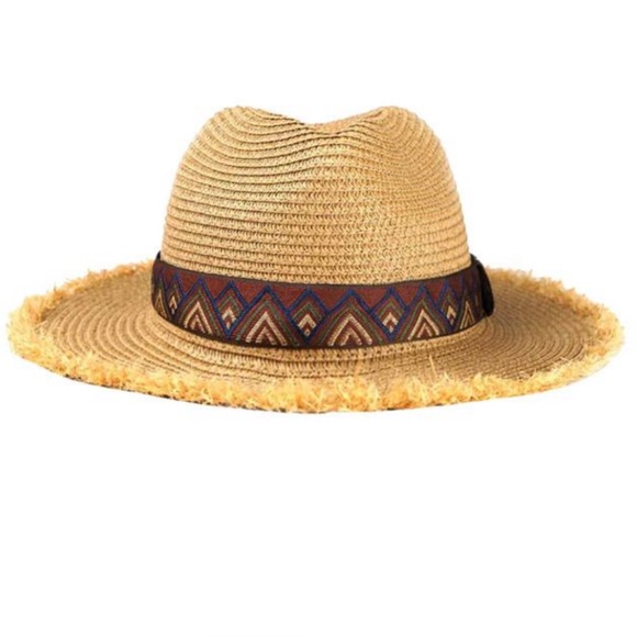 Frayed Trim Aztec Straw Hat Aztec Trim Straw Hat - Picture 2 of 2